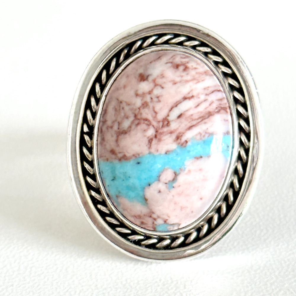 Vintage 925 Sterling Silver Running Bear Large Pink Blue Turquoise Ring Size 7